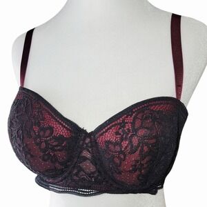 H&M‎ Lace Underwire Bra 36D Burgundy Black Floral Sheer Lined Adjustable Straps